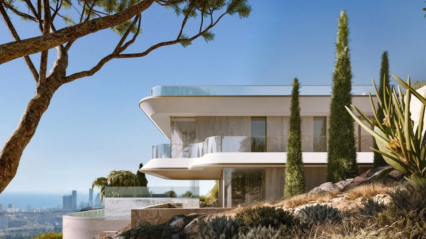 Villa Marea — architecture framed by cypress trees