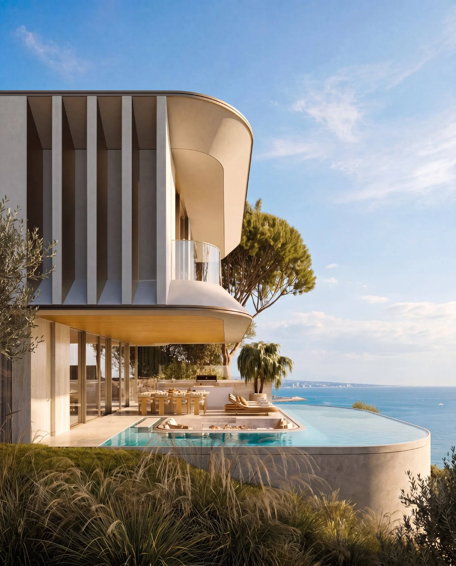 Villa Marea — ribbed natural-stone facade above the pool
