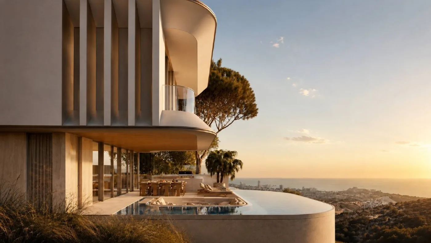 Villa Marea — side elevation at sunset