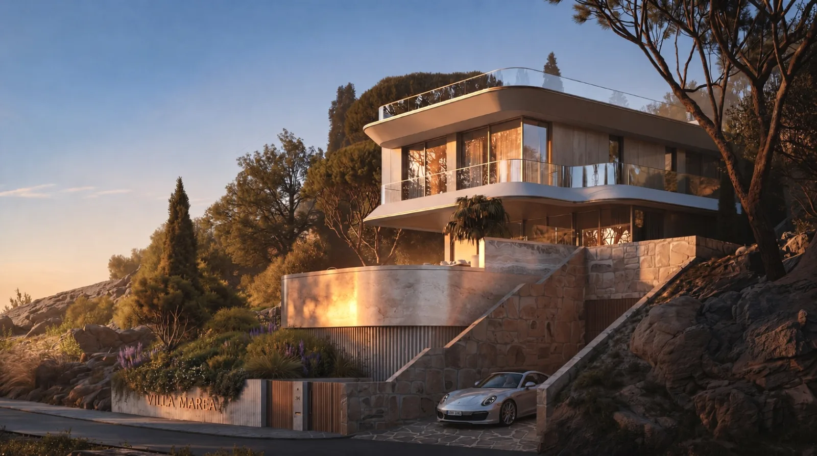 Villa Marea — sunset facade with driveway approach