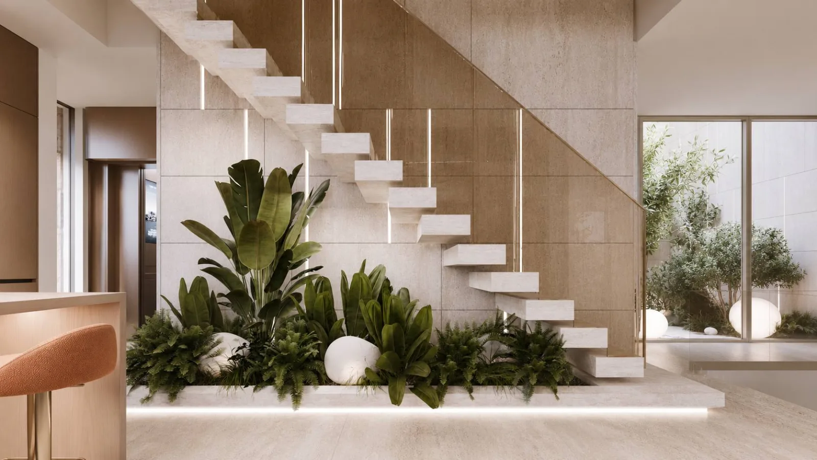 Villa Marea — floating staircase above the indoor garden