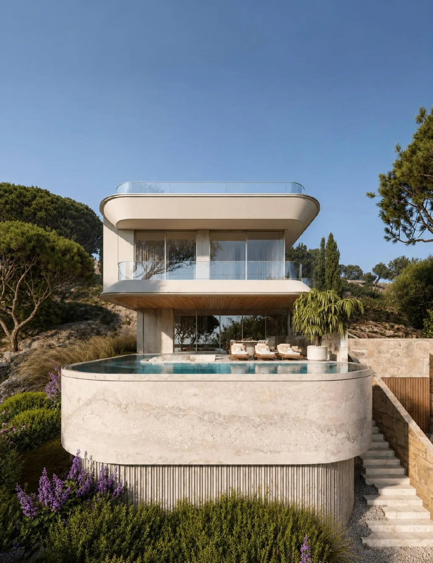 Villa Marea — ribbed natural-stone facade portrait