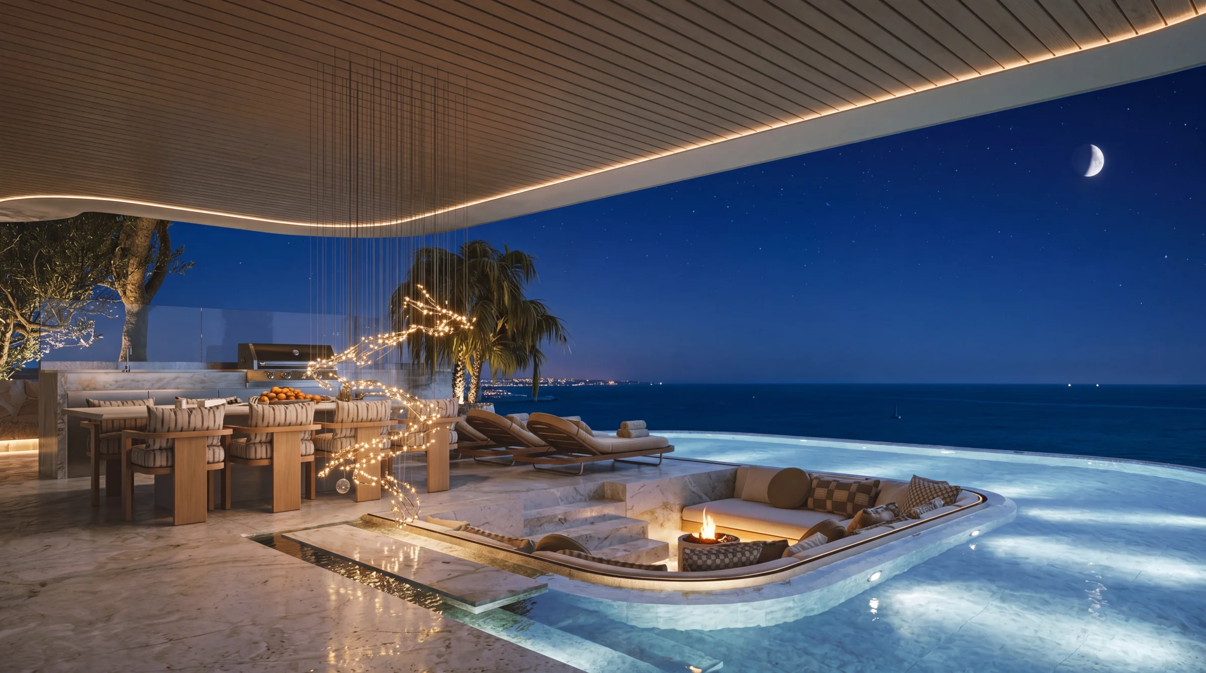 Villa Marea — night terrace with firepit, infinity pool and Mediterranean sea