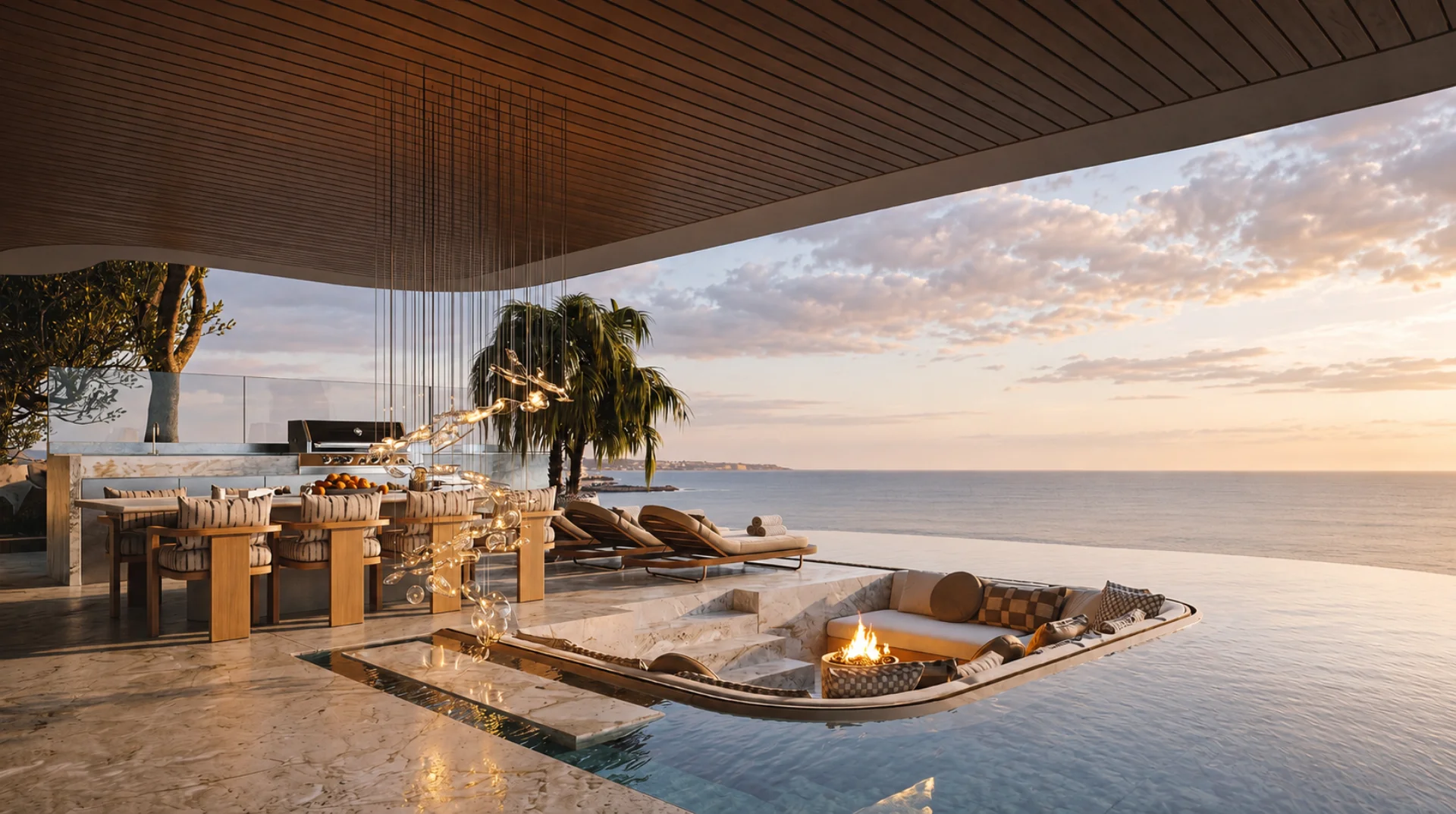 Villa Marea — sunset over the pool terrace and Mediterranean sea